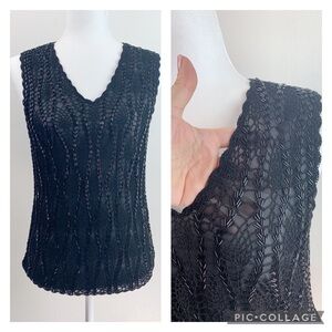 Collette Mordo beaded crochet semi sheer, lined, elegant black tank top EUC